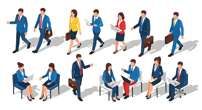 Business People Isometric Illustration of Diverse Professional Men and Women Walking Working and Meeting in a Corporate Office Setting