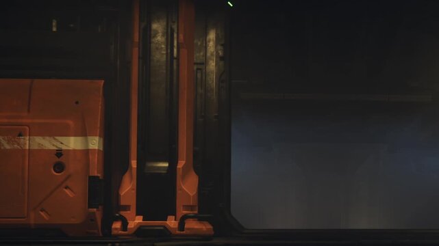 A red cargo container stands in a dark industrial space. Lights from the surrounding area cast shadows. There are details on the container and a hint of machinery in the background.