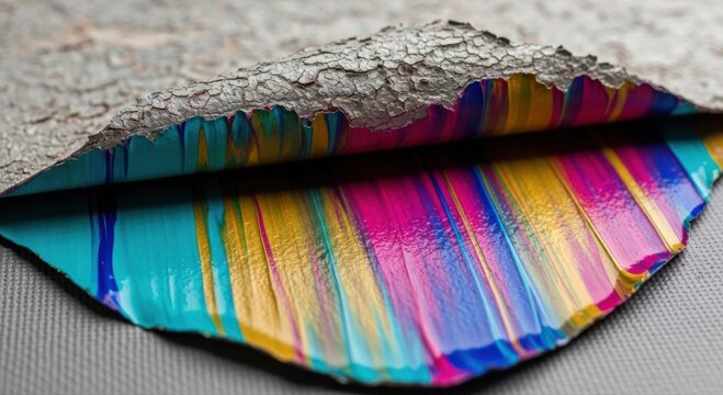 Macro close up of a peeling grey textured surface revealing vibrant multi colored acrylic paint streaks underneath