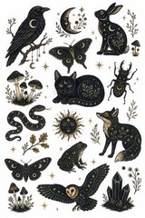 Naklejka premium Mystical woodland animal illustration with moon, stars, and flora