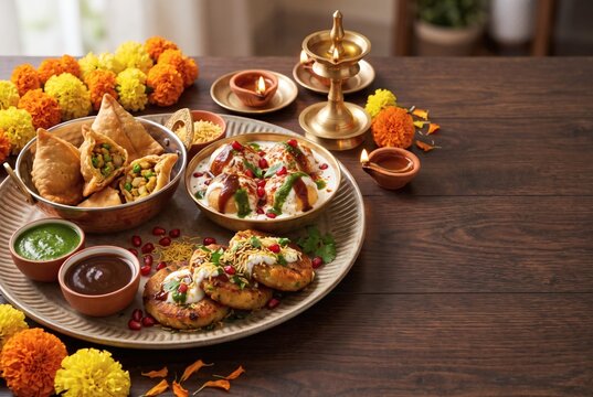 Diwali party chaat platter with samosas and dahi bhalla
