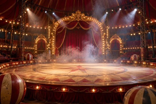 Empty circus stage glowing beneath red drapes and ornate illuminated arches