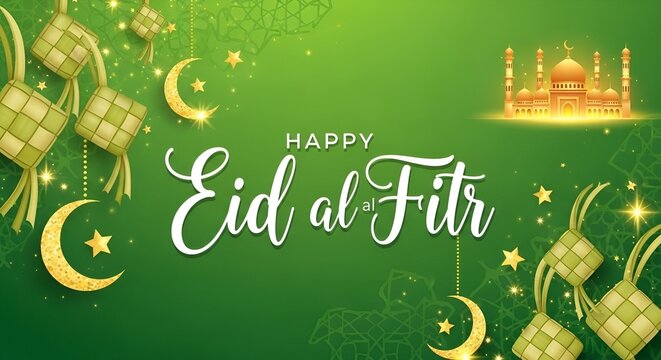 Selamat Hari Raya Idul Fitri Greeting Banner with Mosque Silhouette and Ketupat Decorations on Green Festive Background