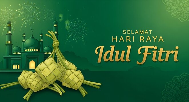 Selamat Hari Raya Idul Fitri greeting with mosque, traditional ketupat, fireworks, and lanterns on a vibrant green background, celebrating the Islamic holiday.