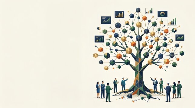 Geometric digital data tree with business people analyzing financial growth charts for corporate strategy.