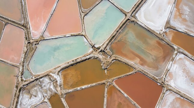 Aerial View of Colorful Salt Ponds Creating Abstract Geometric Patterns in Industrial Saltern