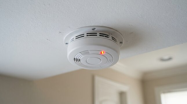 White plastic residential fire safety smoke detector mounted securely on a ceiling featuring a glowing red LED indicator light for security smoke detector ceiling white plastic fire alarm red led