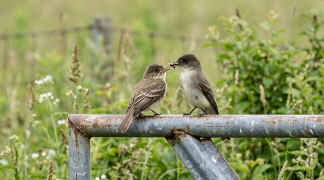 Juvenile fledgling wild bird perched together with an adult parent on a weathered metal gate in a natural rural habitat setting baby fledged eastern phoebe sitting gate bird being fed mother as they