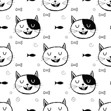 Cute Cat Face Seamless Pattern with Fish and Fishbone Doodles
