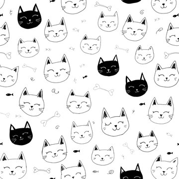 Cute Cat Face Seamless Pattern with Fish and Fishbone Doodles