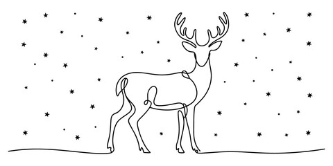 Simple line art drawing of a reindeer standing in falling snow isolated on transparent background © Simanto