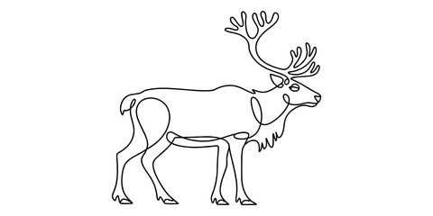 Continuous single line drawing of a reindeer with large antlers isolated on transparent background © Simanto