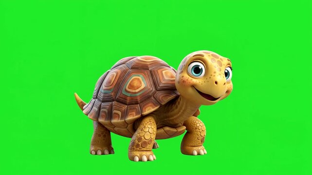 Cute cartoon turtle walking forward on chroma key green background