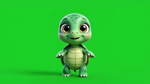 Cute cartoon turtle character standing smiling against solid chroma key green background