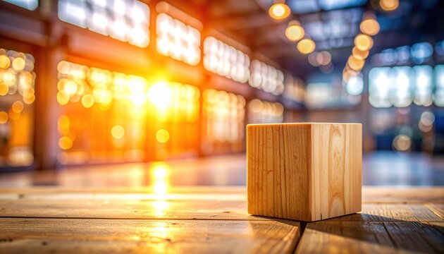 Solid wooden building block resting on a table inside a warm industrial plant setting representing foundation and growth demand