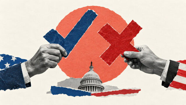 Two hands holding a torn check mark and cross over the US Capitol dome, American flag sleeves. Congress vote, partisan divide and midterm election choice