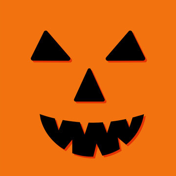 Halloween Pumpkin Face on orange background. Funny Jack o Lantern. Vector template for Halloween party decorations.