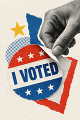 Obraz na płótnie Canvas Hand peeling back an I Voted sticker with stars and stripes, torn paper collage. US election day pride, voter turnout and midterm democracy