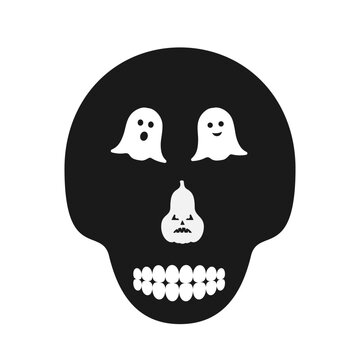 Black skull silhouette with white ghost cutouts forming eyes and pumpkin nose. Halloween vector illustration isolated on white background. Easy to edit template for banner, poster, shirt, logo design,