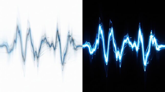 Abstract waveform visualizations on white and black backgrounds representing sound or heartbeat