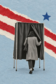 Woman entering a curtained voting booth, torn American flag stripes and star behind. US election day, casting a private ballot at the polling station