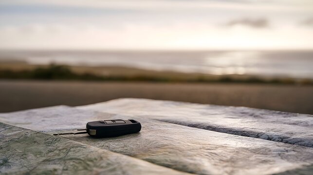 A car key fob rests on a folded map near a coastal road at sunset  with blurred ocean and sky in the background