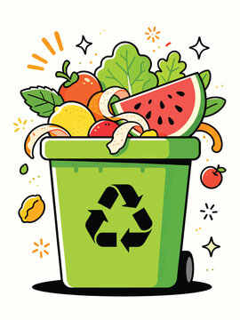 Green Recycling Compost Bin Overflowing with Organic Food Scraps Vector