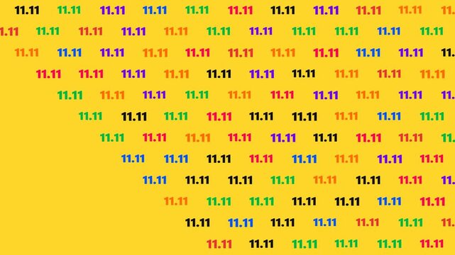 Fast-paced motion pattern of 11.11 numbers moving towards the top-left corner with vibrant colorful flashing effects on a bright yellow background, pe.