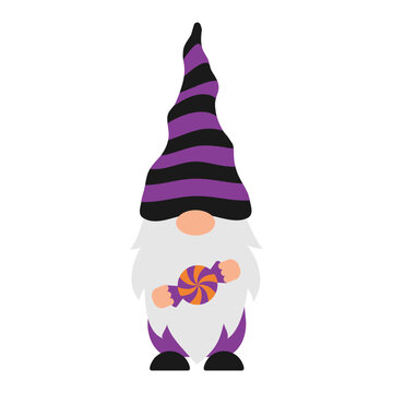 Halloween gnome with a tall purple and black striped hat holding wrapped candy.  Cute cartoon character. Vector template for poster, greeting card, banner, sticker, shirt design etc.