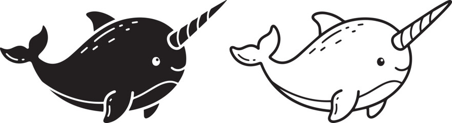 Cute hand drawn narwhal illustration vector set featuring simple black and white outline and solid silhouette marine animal clipart graphic design elements © Designstor09