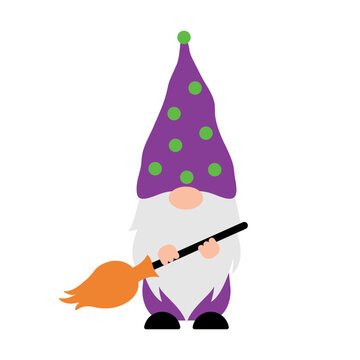 Halloween gnome in purple polka dots hat holding orange broom.  Cute cartoon character. Vector template for poster, greeting card, banner, sticker, shirt design etc.