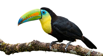 A colorful keel-billed toucan perched on a mossy branch against a deep black background © Ophelia