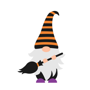 Halloween gnome in orange and black striped hat holding broomstick.  Cute cartoon character. Vector template for poster, greeting card, banner, sticker, shirt design etc.