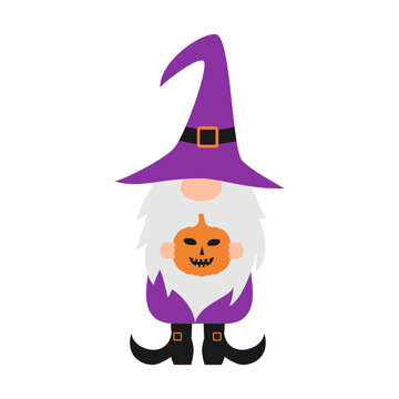 Halloween gnome with purple witch hat holds carved pumpkin Jack o lantern.  Cute cartoon character. Vector template for poster, greeting card, banner, shirt design, sticker,  etc.