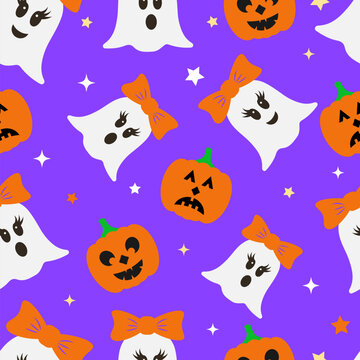 Halloween seamless pattern with cute cartoon ghosts and carved pumpkins. Vector background for scrapbooking, fabric, textile, wrapping paper, etc.