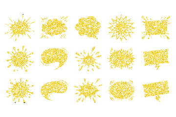 Set of gold glitter comic speech bubbles, starbursts, and explosion shapes isolated on transparent background © Creative Juel 