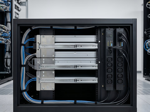 Professional data center server rack with structured cabling and power distribution unit