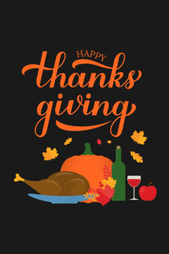 Happy Thanksgiving typography poster with baked turkey and pumpkin. Vector template for greeting card, banner, flyer, etc.