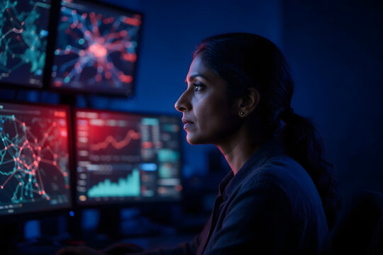 Cybersecurity analyst monitoring threats in a dark operations center