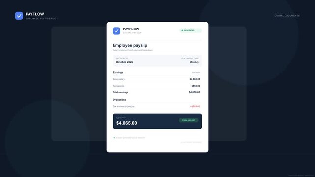 A modern payroll dashboard generates a digital employee payslip with sequential salary details, deductions, net pay, and PDF download confirmation.