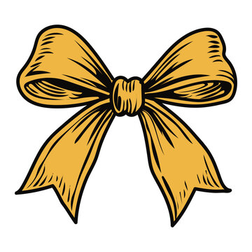 Vintage hand drawn golden ribbon bow illustration isolated on white