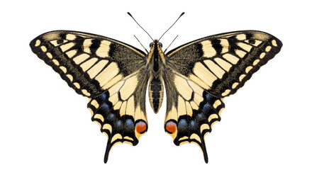Yellow and black swallowtail butterfly displayed with wings fully spread against black © Ophelia