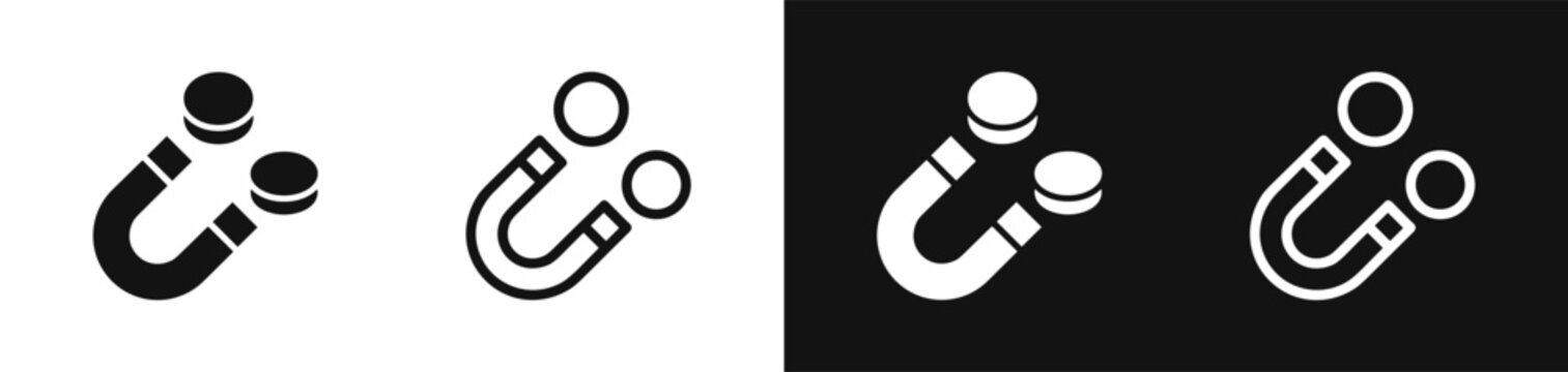 Set of horseshoe magnet icons attracting metal coins in black and white styles
