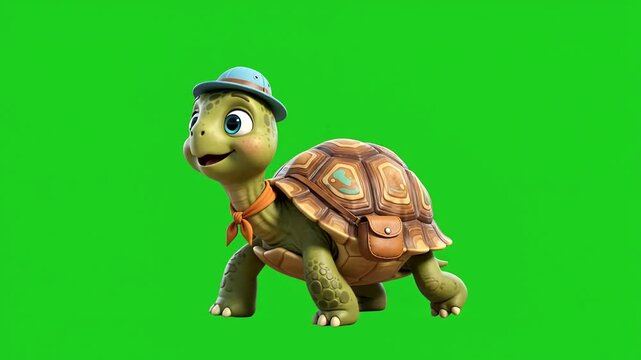 Cute cartoon turtle wearing hat walking forward isolated on green screen
