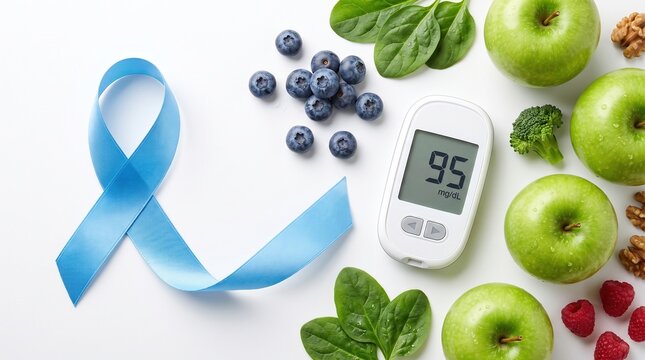 A blood glucose monitor displaying a healthy reading of 95 mg dl with fresh fruits and vegetables and a blue awareness ribbon, diabetes awareness, healthy living, medical wellness.