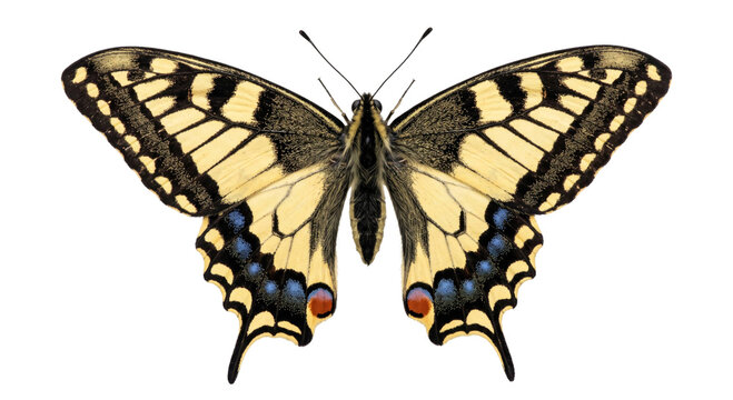 Yellow tiger swallowtail butterfly displayed with wings fully spread against a black background