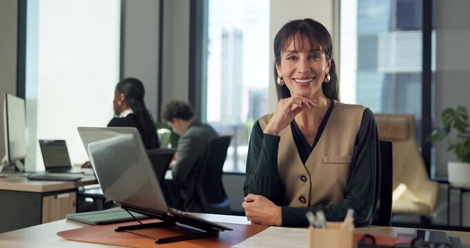 Employee, face and happy woman with laptop in business, coworking and accountant with career growth. Confident, portrait and mature person with smile, typing and bookkeeping with technology in office