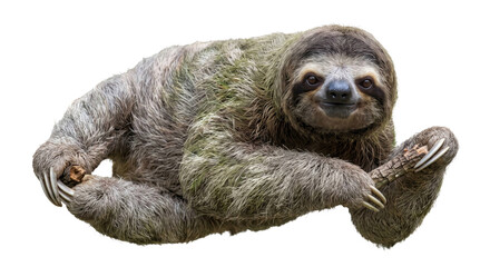 Naklejka premium A close view of a shaggy sloth gripping a branch with long curved claws against a dark background