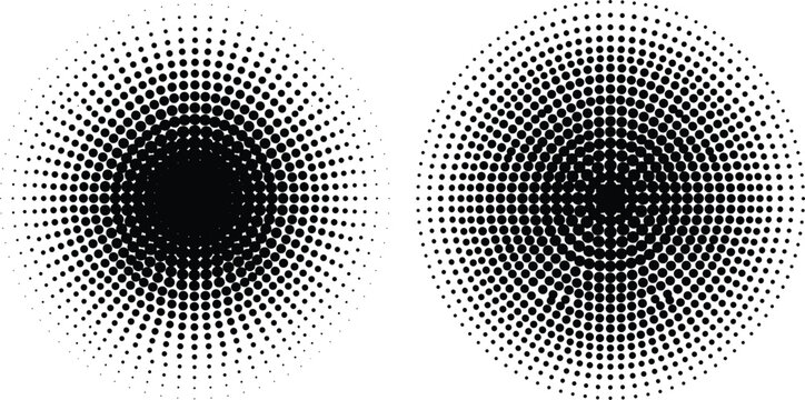 Radial halftone dot matrix pattern set with abstract black circular gradients isolated on white background