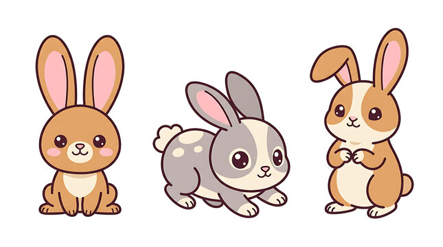 Cute Cartoon Bunny Rabbits Illustration Set Featuring Adorable Brown and Grey Sitting Posing Bunnies for Easter Card and Children Graphic Design